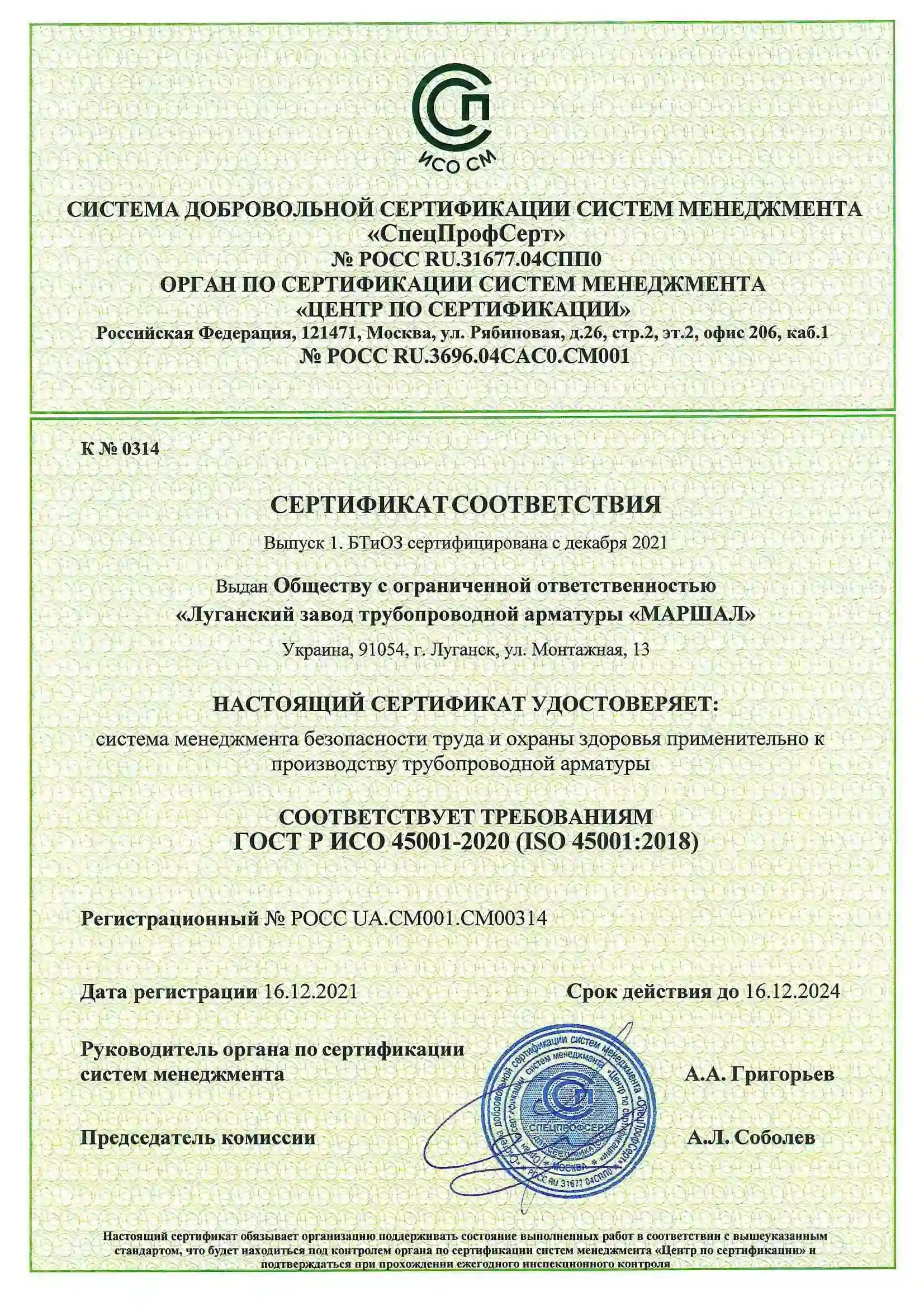 Сертификат системы менеджмента безопасности труда и охраны здоровья ИСО 45001-2020 (ISO 45001-2018)